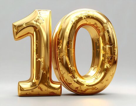 Close-up of golden, metallic number "10" set against a grey backdrop - Powered by Adobe