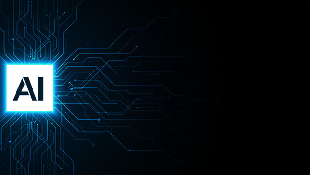 Concept of Artificial Intelligence. AI Chip with a circuit board on a futuristic background. AI hardware or CPU. Symbolizes technological advancement and an AI computer agent. Vector illustration.