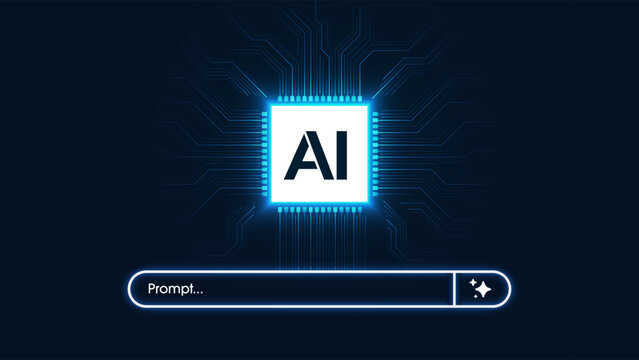 AI Chip with a generative bar on a circuit board background. Concept of Artificial Intelligence. AI Search Engines. Powered SEO optimization. Generate an idea by a prompt, Vector illustration.