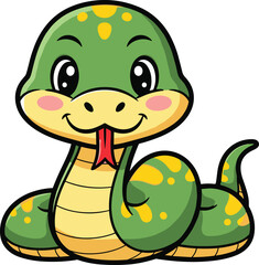 Cute smiling cartoon green snake with tongue out, adorable reptile character illustration for kids, friendly wildlife animal mascot vector design for education and fun