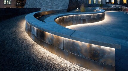 Brushed steel curved retaining wall against gravel terrace cool lighting with low-angle shadows defining the bend and emphasizing