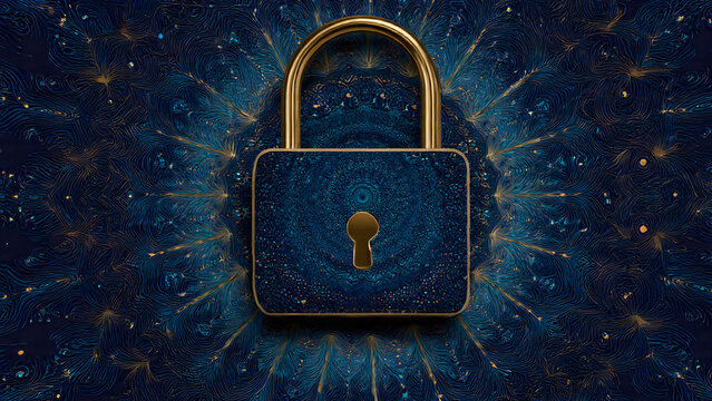 Hyper-realistic fingerprint swirl padlock with smartphone biometric unlock, dark biometric blue, swirl money identity protected, vector website banner - Powered by Adobe