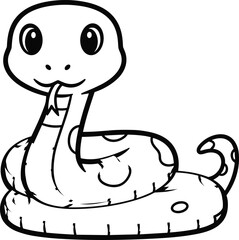 Cute smiling cartoon snake black and white line art drawing, adorable reptile coloring page illustration for kids, friendly wildlife animal character vector design