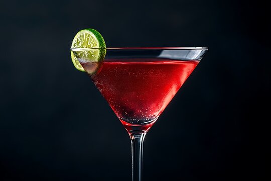 Refreshing cosmopolitan cocktail in a martini glass garnished with a lime twist, offering a classic bar experience
