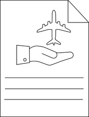 Line art shows a hand below a plane on paper with writing lines and corner fold