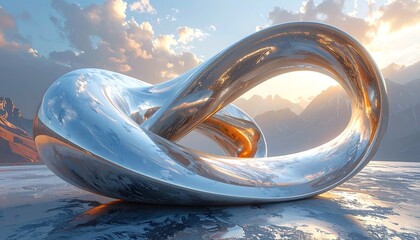 Sculpted chrome torus on a reflective surface with distant mountains at sunset