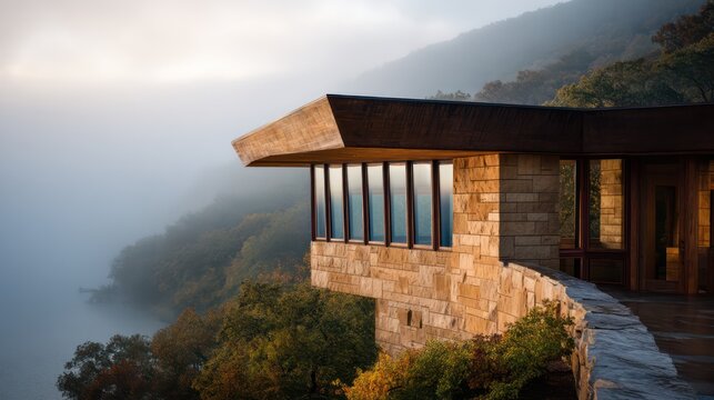Cantilevered mansion above misty cove with warm ochre stonework and wide tinted windows early morning side-light casts soft