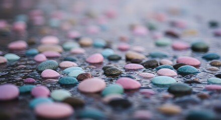 Colorful pebbles on wet ground