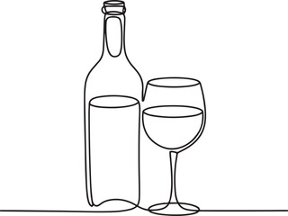 Continuous line art illustration of bottle beside elegant wine glass with handmade contour