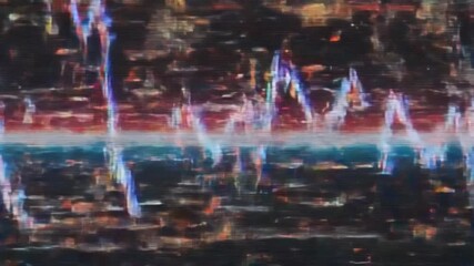 Abstract digital glitch effect overlaying a blurred cityscape at night. - Powered by Adobe