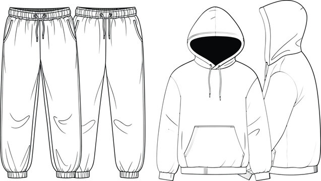 Hoodie and jogger pants fashion flat sketch template, unisex tracksuit apparel vector, front and back clothing technical illustration, casual sportswear design mockup