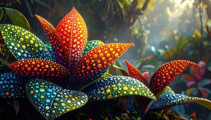 Vibrant exotic flora with multicolored polka dots in a lush jungle setting