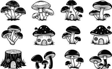 Whimsical Mushroom House Illustration Set with Fantasy Dwellings and Nature-Inspired Designs