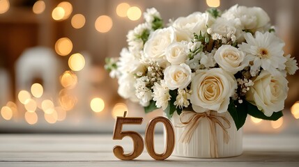 Beautiful bouquet of white roses features a golden "50" centerpiece, celebrating a milestone with a background of soft, warm, elegant bokeh lights.