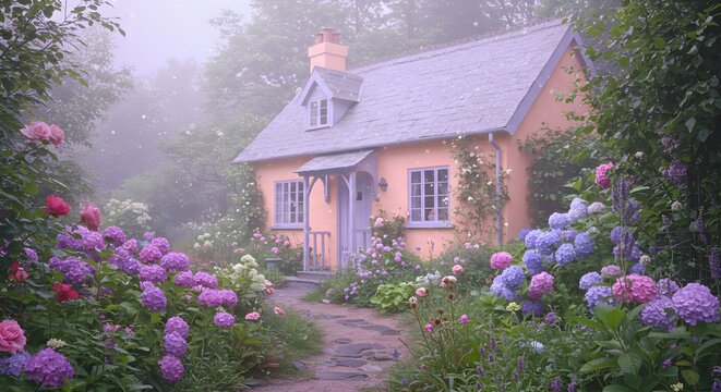 Pastel cottage garden scene