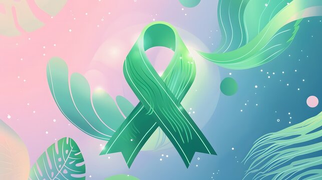 Digital semi-realistic illustration of a glowing green ribbon symbolizing mental health awareness, hope, healing, and emotional support for global wellness and positive change. - Powered by Adobe
