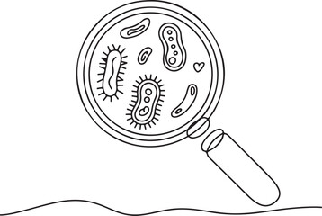 Continuous line art magnifying glass over bacteria illustration