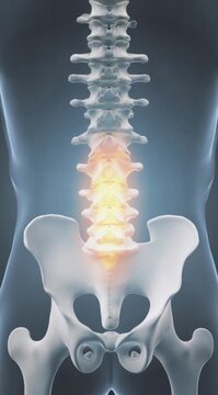Anatomical illustration of the human lower back with a glowing orange area indicating pain, injury, or inflammation in the lumbar spine