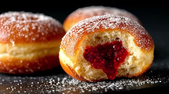 Delicious jelly donuts sprinkled with powdered sugar on a dark background.