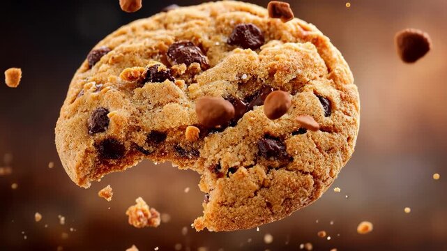 Delicious chocolate chip cookie with a bite taken, crumbs falling, tempting treat.