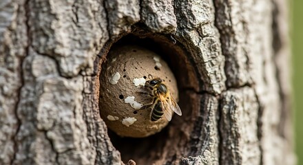 A solitary bee enters its nest in a tree hollow.