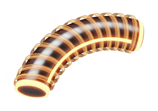 Curved flexible corrugated tube with inner glow isolated on transparent background