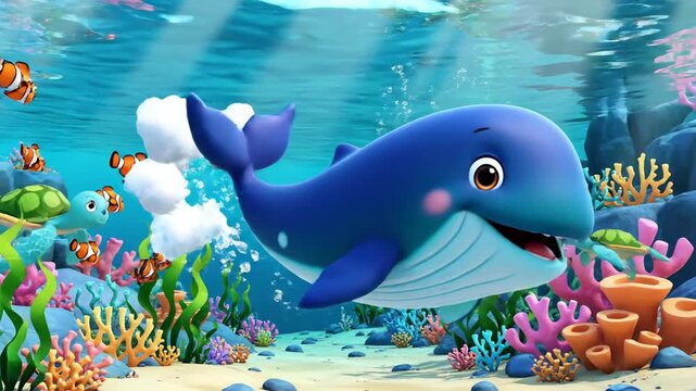 Cartoon whale swimming underwater with bubbles and coral reef