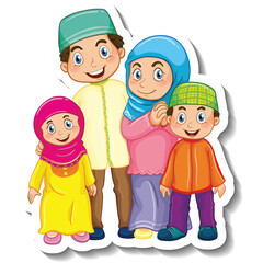 Joyful Muslim Family Standing Together Wearing Traditional Islamic Clothing and Prayer Caps On Transparent Background