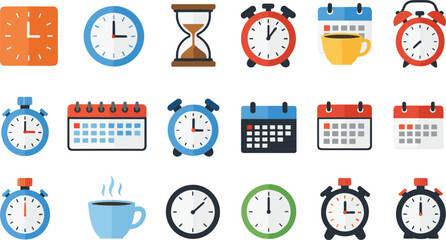 Comprehensive Flat Design Vector Icon Set for Time Management, Including Wall Clocks, Alarm Clocks, Stopwatches, Calendars, and Schedule-Related Symbols