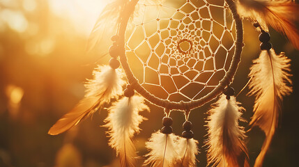 Dreamcatcher with soft feathers catches golden sunset light, symbolizing peace, dreams, and serenity.