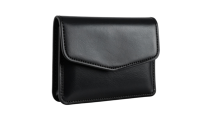Minimalist Black Leather Card Holder or Small Pouch with Curved Flap Isolated