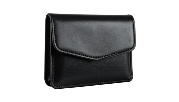 Minimalist Black Leather Card Holder or Small Pouch with Curved Flap Isolated