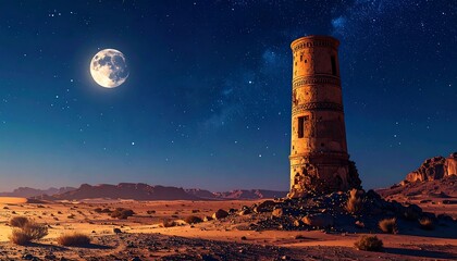 A weathered, cylindrical structure rises from an arid, sandy plain beneath a starry night sky and a full moon. Distant mountains