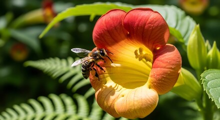 A bee collecting nectar from a vibrant flower in a garden setting.