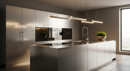 Futuristic modern minimalist kitchen interior design featuring brushed stainless steel cabinets surfaces large cooking island integrated appliances and contemporary linear pendant light fixtures