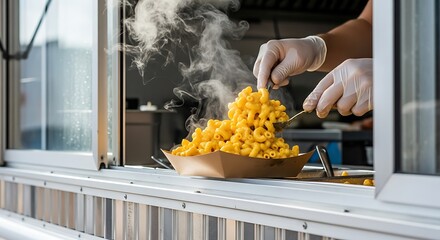 Chef serving steaming hot macaroni and cheese from a food truck window