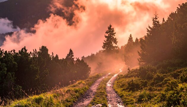 A winding dirt path ascends into a mountainous area. The path is flanked by green foliage and evergreen trees. The sky is ablaze with peach hues