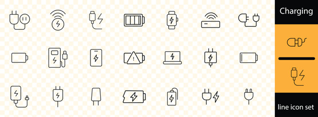 charging line icon set . lightning bolt, battery, plug, solar panel, wind turbine, power, renewable energy, electrical safety black silhouette