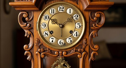 Antique Grandfather Clock Face with Pendulum and Ornate Wooden Casing.