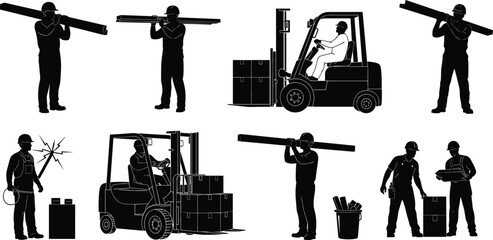 Silhouette set of construction workers carrying beams, forklift operators moving boxes, industrial labor activities, safety gear, teamwork and material handling illustrations for construction industry