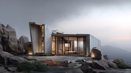 Cliffside house in pale gray stone and translucent glass panels sidelit composition with volumetric fog on horizon natural