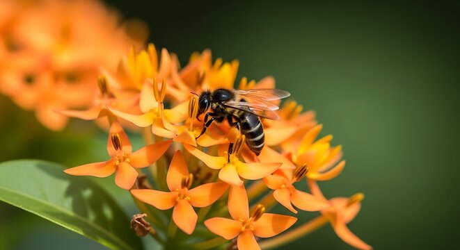 A bee collecting nectar from a vibrant orange Ixora flower in a garden.