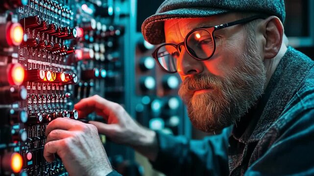 Sound engineer adjusting audio levels on a complex mixing console, focused look.