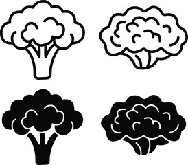 Fresh Healthy Organic Broccoli Vegetable Head Outline And Solid Food Vector Silhouette and Pictogram..eps