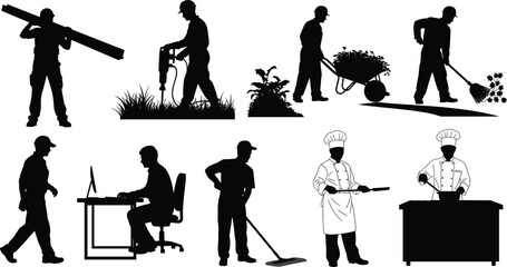Silhouette workers performing construction, gardening, office, cleaning, and cooking tasks with tools and equipment in various professional environments for labor, service, and workplace concepts