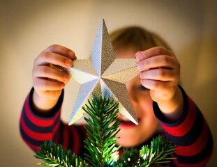 Child Placing Star on Christmas Tree Holiday Celebration Joy