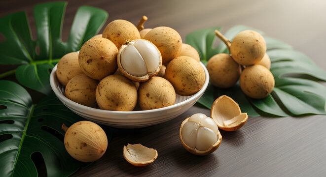 Lanzones fruit in a bowl with tropical leaves.