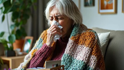 Senior woman with a cold blowing her nose, wrapped in a colorful blanket indoors. - Powered by Adobe