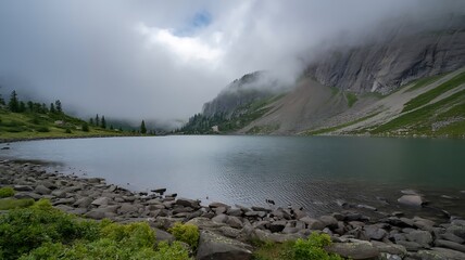 Misty mountain lake with rocky shore and green vegetation under cloudy sky