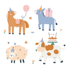 Adorable farm animals in party hats—horse, donkey, sheep, and cow celebrating with balloons, gifts, and cake in a soft pastel children’s illustration perfect for kids’ designs. © simplelooklet